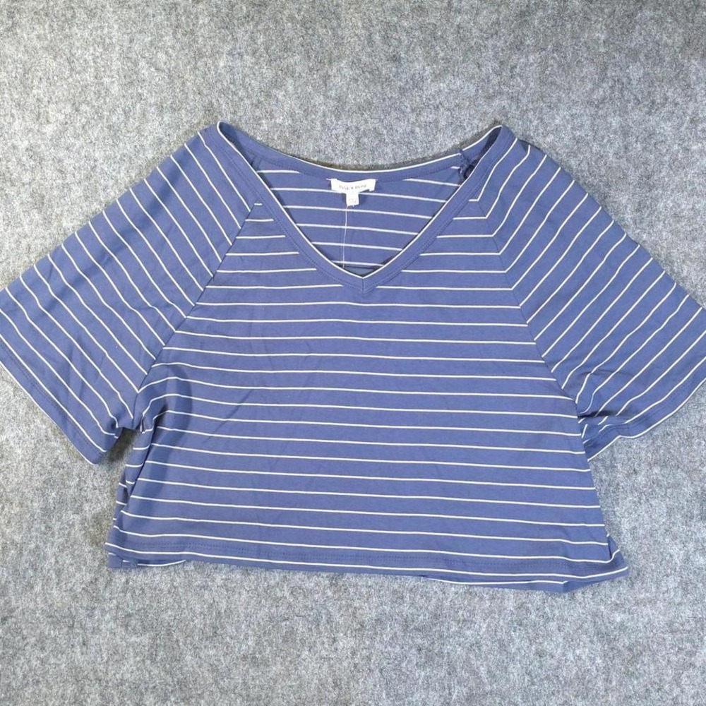Pink Rose Blue White Striped‎ Cropped V-Neck Tee Raglan Sleeve Top Large L